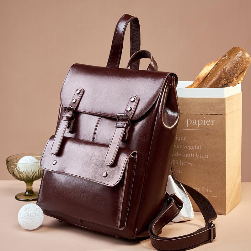 England Style Genuine Leather Women Travel Backpack Large Capacity For 14 Inch Laptop Preppy Style Rucksack Wear Resistant