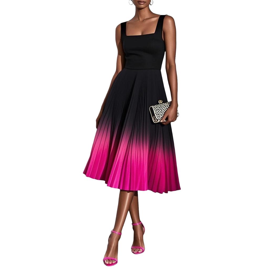 Women's Sleeveless Square Neck Gradient Pleated Midi Dress