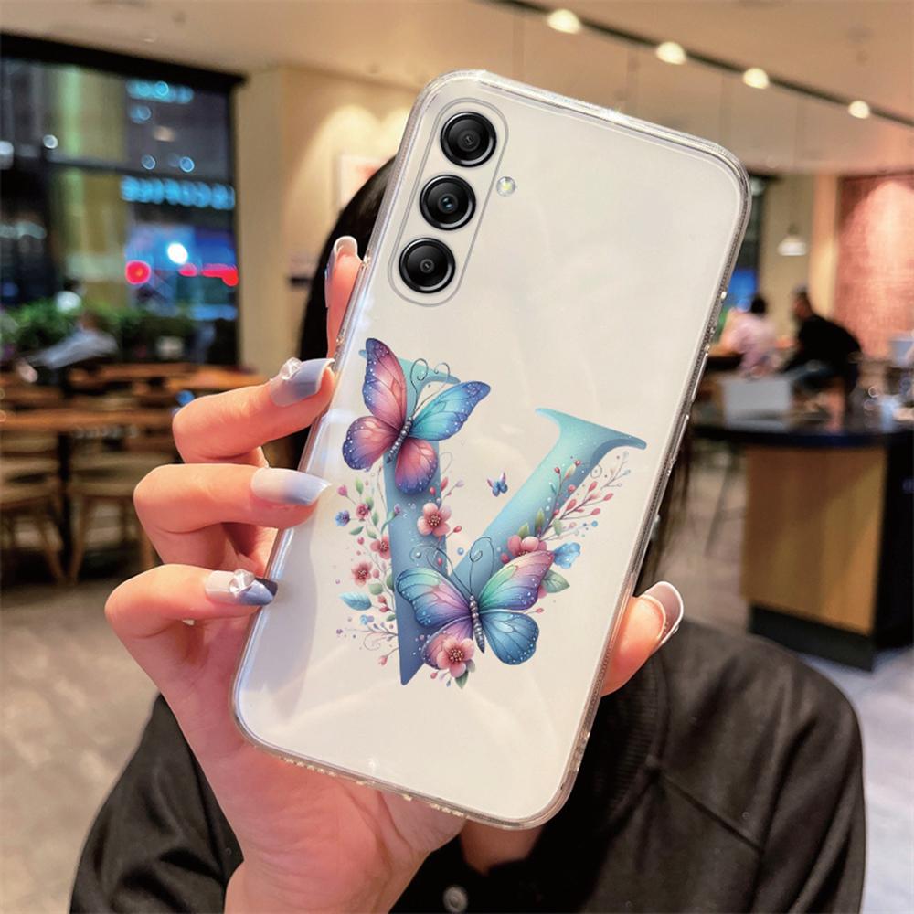 For Samsung Galaxy A54 A14 A34 A24 Blue Butterfly Flower Letters A-Z Couple Phone Case Transparent Clear Silicone Bumper Cover