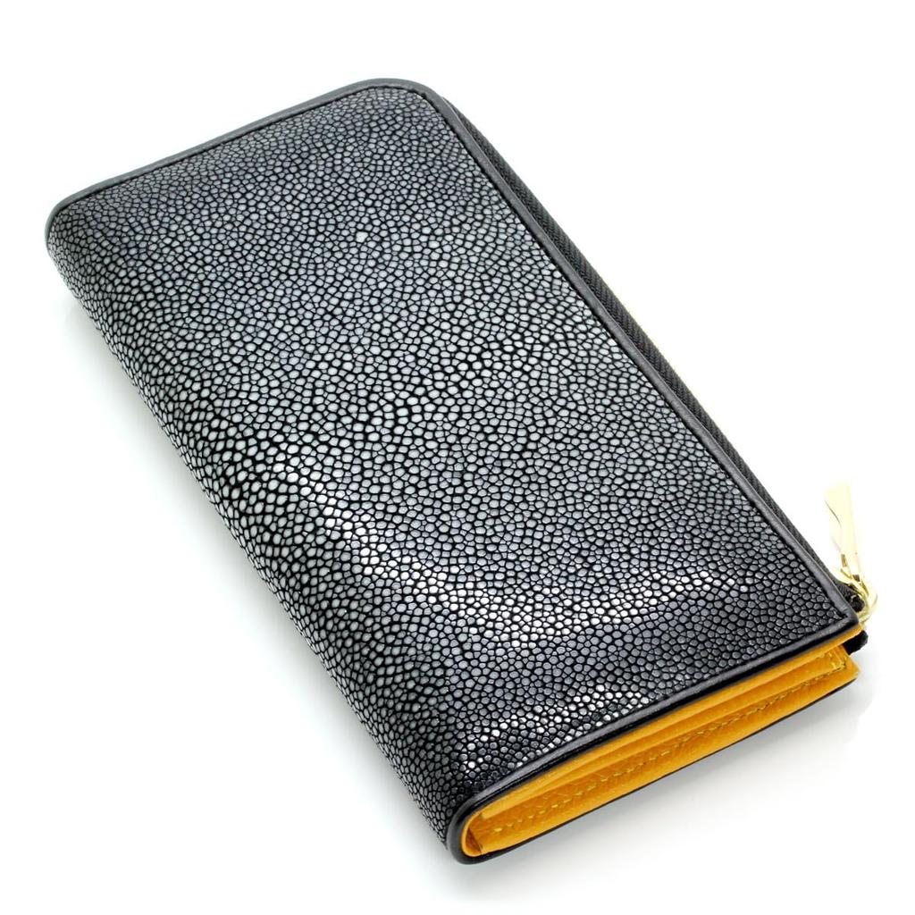 Stingray Leather Long Wallet Wallet YKK Zipper Leather Garusha Stingray Black Inside Orange Genuine Leather Bicolor [Levetta] L-shaped Men's Women's