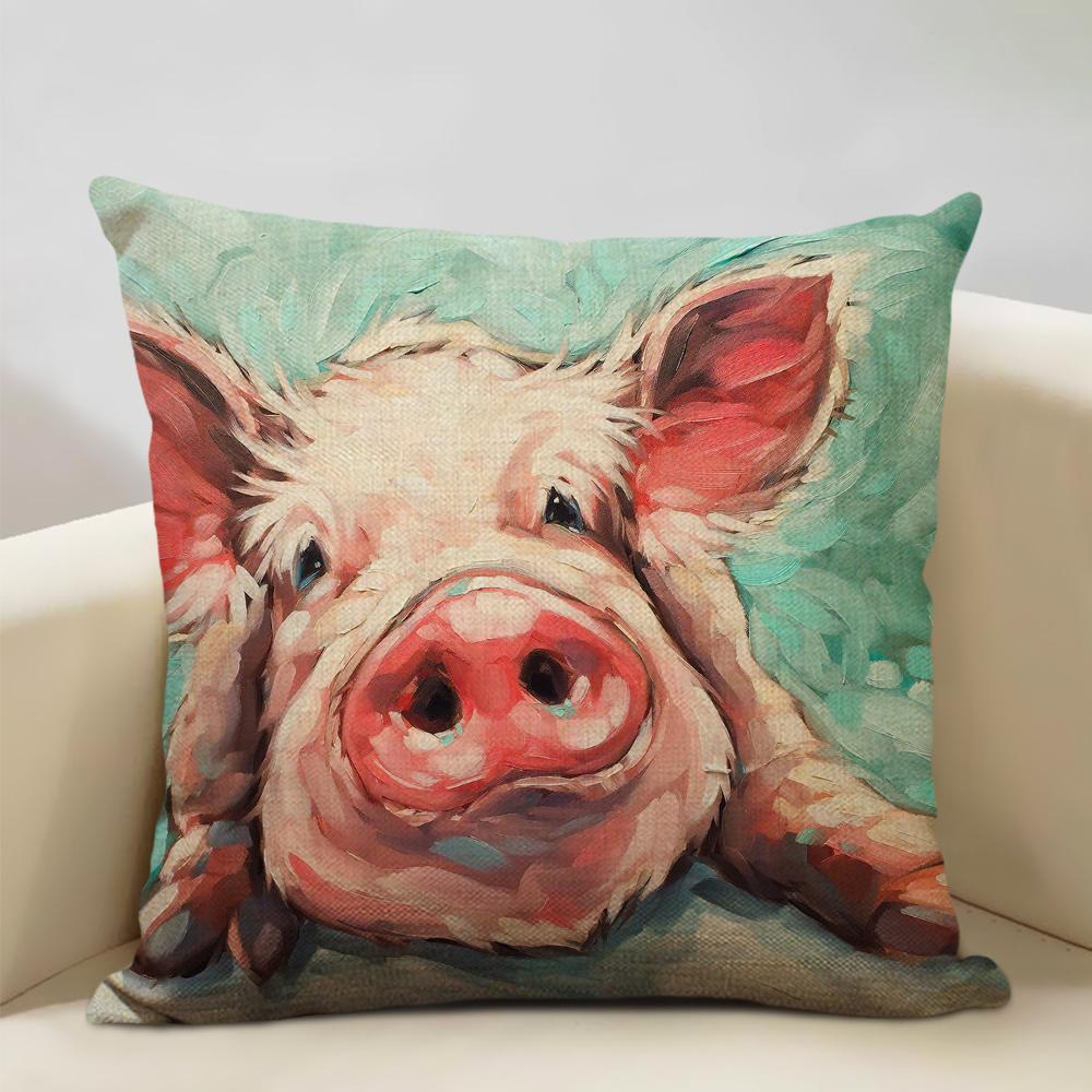 Animal Oil Painting Cushion Cover Home Sofa Decoration Pillow Case Cute Pig Pattern Pillowcase 45x45cm Linen Living Room Decor