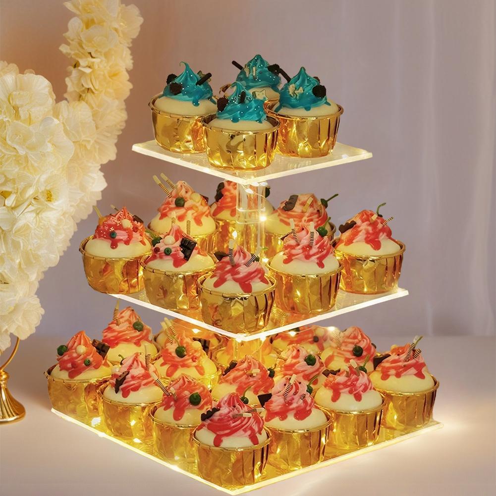3/4 Tier Acrylic Cupcake Display Stand with LED Light Square Display Stand Multifunctional Cake Serving Platter for Party Decor