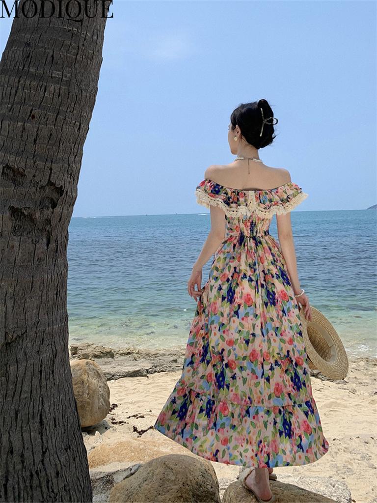 MODIQUE Sommar Kvinnor Elegant Färgglatt färgtryck Casual Beach Chiffong Girly Långa Klänningar Holiday Lady Fairycore Sweet Atmosphere Klänningar