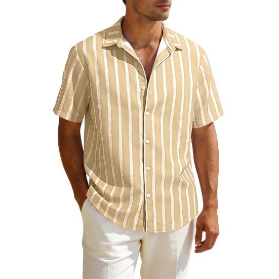 Men Striped Summer Shirt Short Sleeve Turndown Collar Button-up Shirt Casual Loose Fit Holiday Shirt for Beach Party Vacation Date