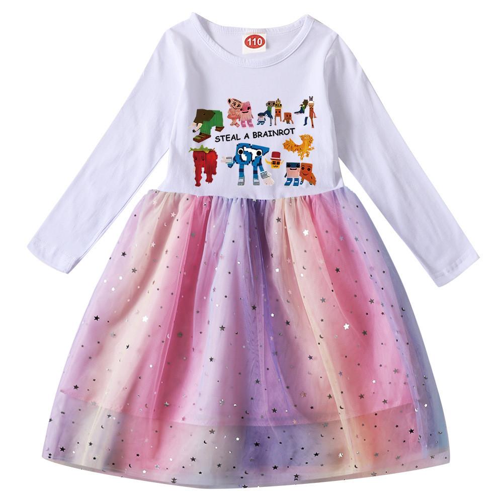 9191 Kids Girls Steal a Brainrot 67 Six Seven Print Long Sleeves Cotton Casual Sequins Rainbow Dress
