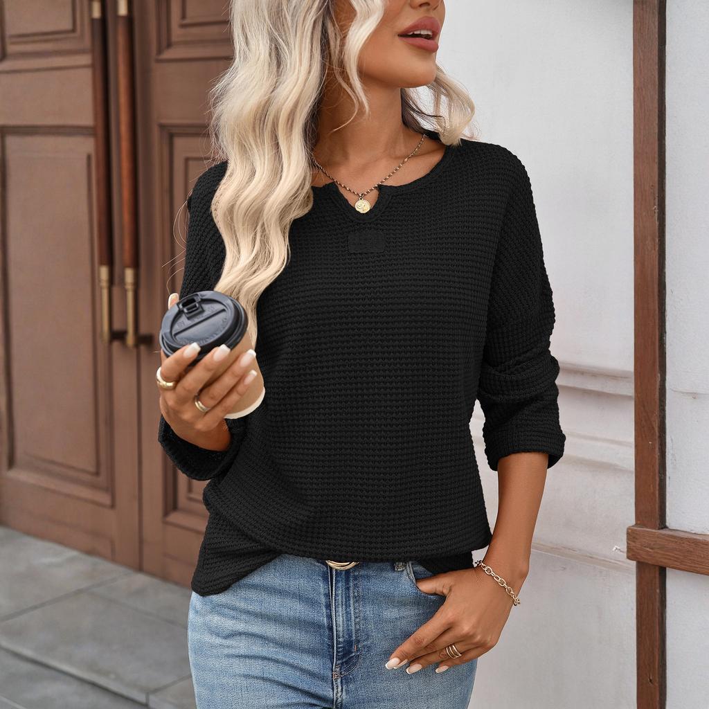 Women's Fashionable V-neck Long Sleeved Solid Color  Knitted Casual Loose T-shirt Top