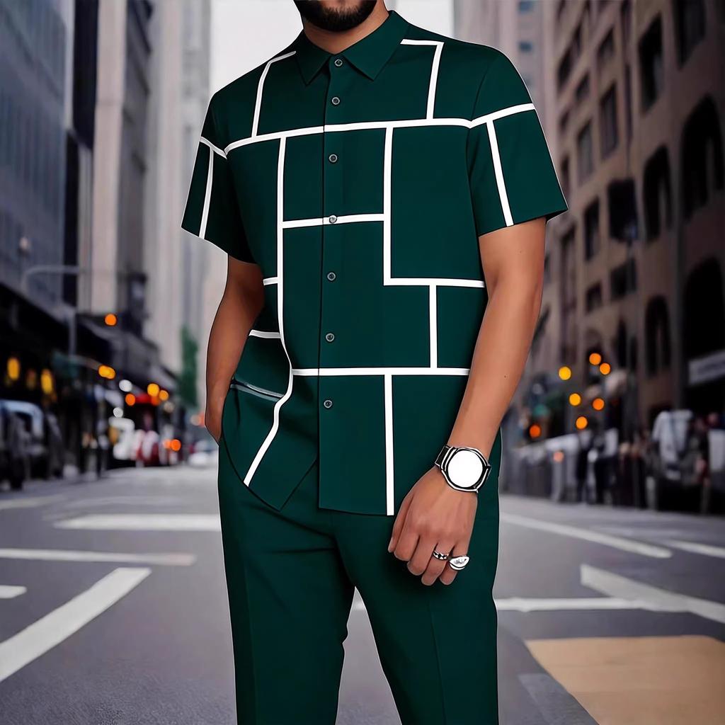 TEMU new digital printing boys fashion casual stand-up collar short-sleeved quick-drying button top trousers set