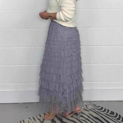 Dames Midi Rok Elastische Hoge Taille Meerlaagse Mesh Tule Lange Rok