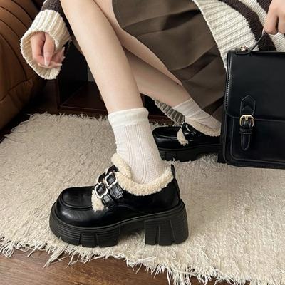 Black British Style Velvet Thick Heel Thick Sole Mary Jane Small Leather Shoes Women's 2025 New Autumn and Winter Heightening Warm Cotton Shoes