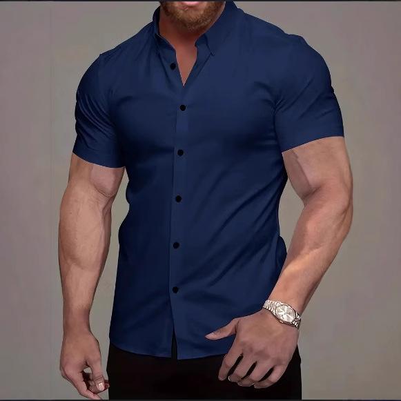European And American Men'S Short-Sleeved Shirt 3D Digital Printing Casual Versatile Solid Color Muscle Men'S Lapel Shirt