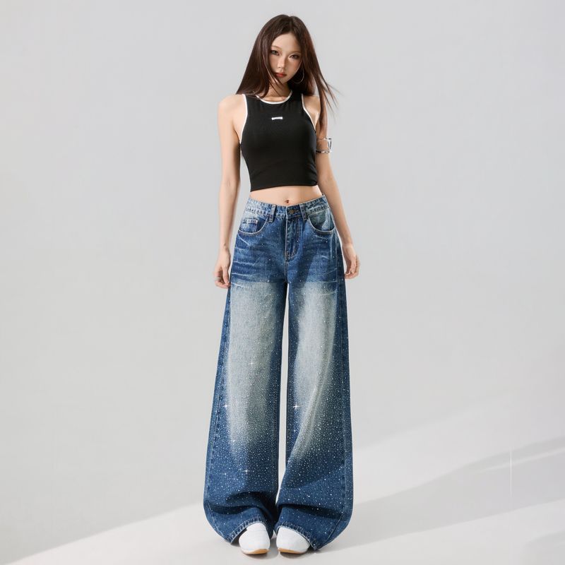 Spring Summer Shiny Rhinestone Low Waist Cat Whisker Detail Relaxed Wide Leg Slim Trendy Denim Pants Ladies Casual Pants Oversize Denim Trousers
