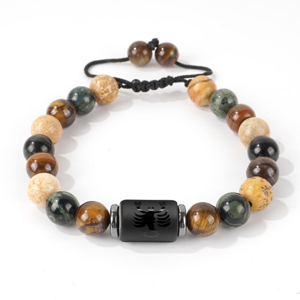 Vintage Zodiac Bracelet for Men 8mm Natural Black Onyx Tiger Eye Stone Star Sign Constellation Friendship Prayer Blessing Bracelet Gifts