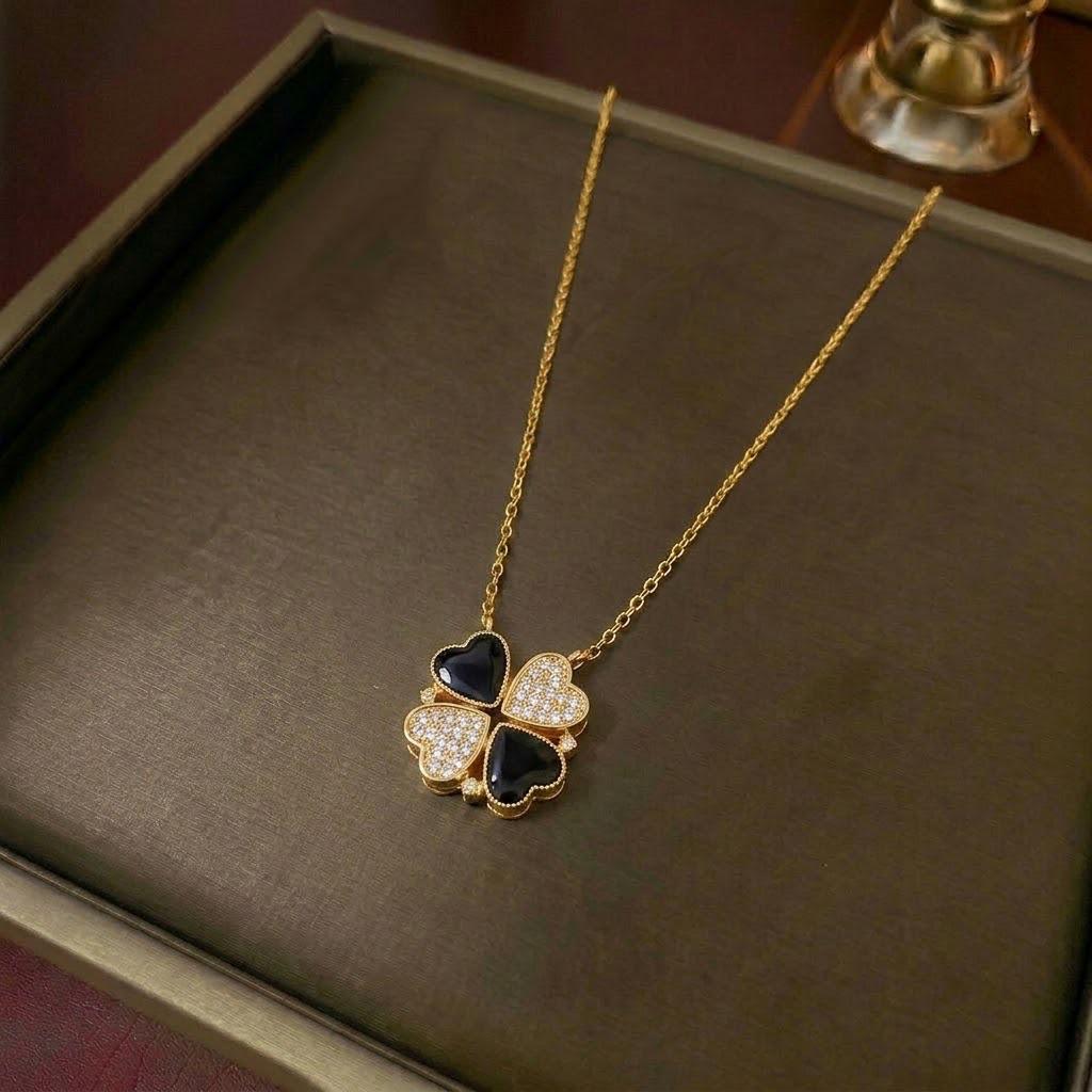 Women's Heart-Shaped Necklace with Four-Petal Flower, Cubic Zirconia, Titanium Steel Clavicle Chain - Elegant and Versatile Accessory