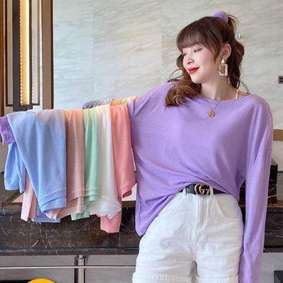 Frauen Sommer Dünne Top Oansatz Langarm Lose Atmungsaktive Oberbekleidung T-shirt Sonnenschutz Bluse Top Pullover Einfarbig