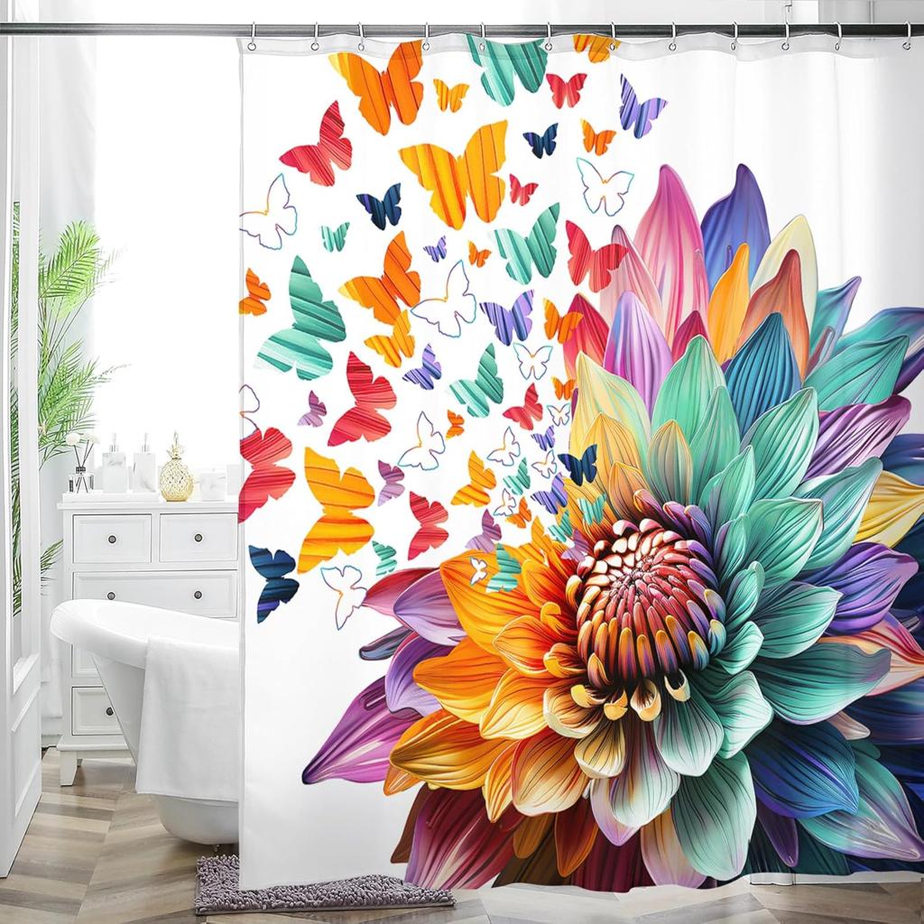 Cottage Floral Shower Curtain - Pink/Lavender Butterfly Design, Waterproof Washable Fabric, with Hooks, Modern Farmhouse Decor