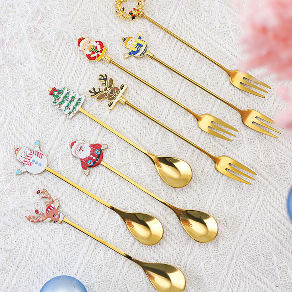 4pcs/set Christmas Stainless Steel Coffee Spoons Tea Scoops Fork Festival Party Tableware Christmas NewYear Gifts