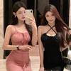 High Waist Tight Suspenders Neck Dress Women's Summer Pure Desire Pink Pumping Pleated Lace-up Spice Girl Hip Skirt Short Skirt