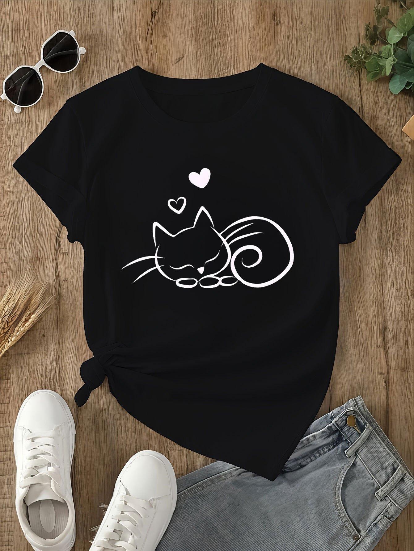 

Women s Casual T-Shirt with Cute Cat Heart Design Printed Short Sleeve Round Neck Perfect for Summer Attire Comfortable Tee 3XL