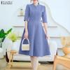 Women Stand Neck Casual Short Sleeve A-Line Dress