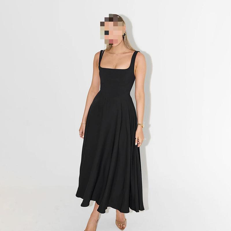 Evropské a americké letní šaty s čtvercovým výstřihem, v pase na šňůrku, áčkového střihu, módní na ramínka, dlouhé