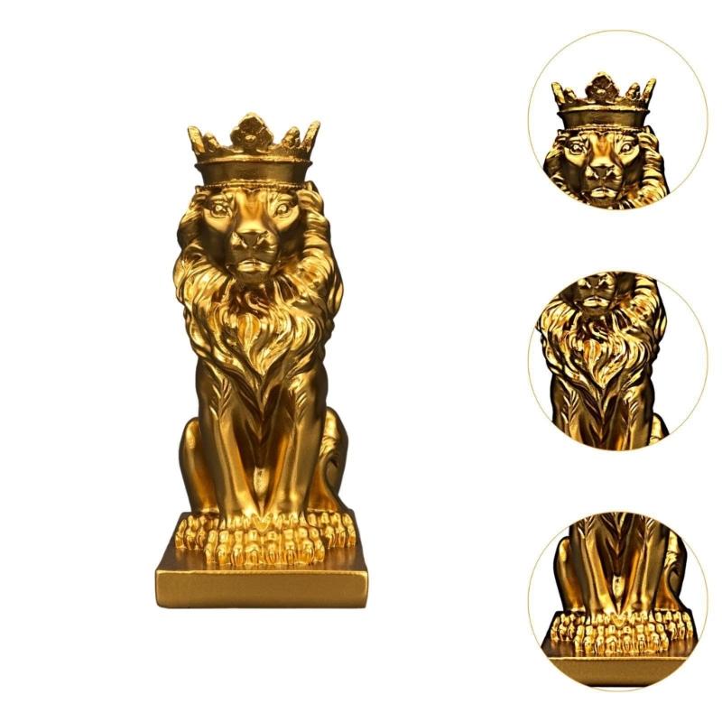 Lion Crowned Statue Table Decoration Handmade Desk Resin Ornament 14.5cm Tall for Wine Cabinet and Home Decoration