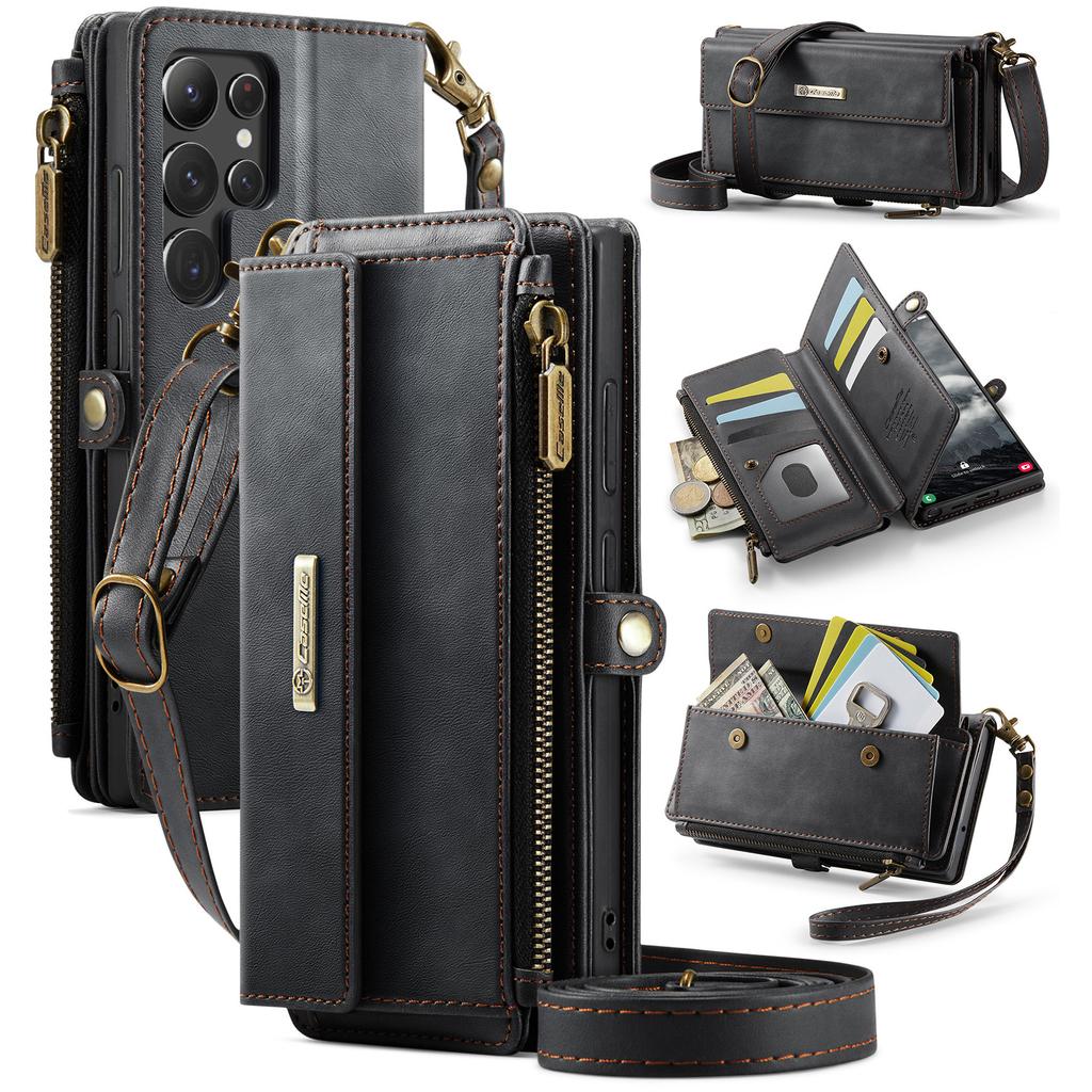 Voor Samsung Galaxy S22 Ultra 5G Hoesje CASEME C39 RFID Blokkerende Portemonnee met Rits Stand Leer Hoesje met Riem