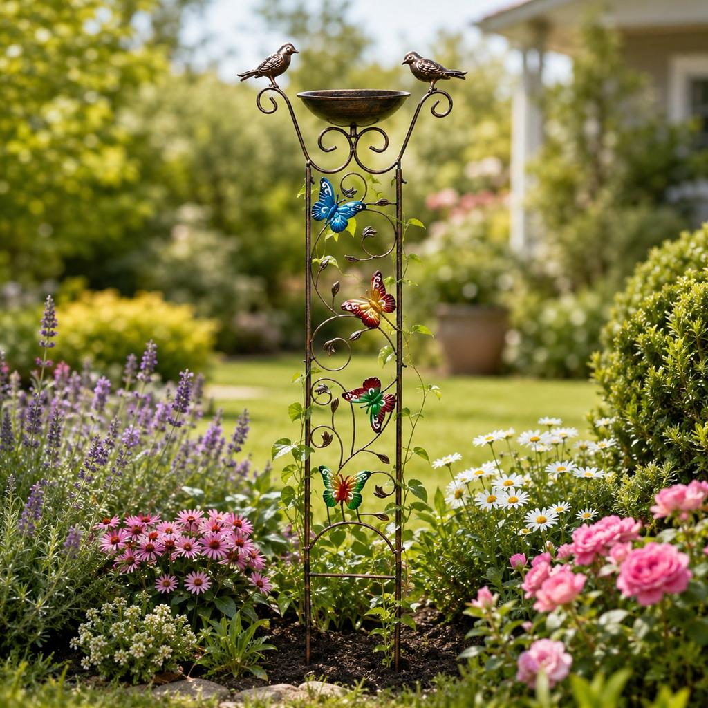 Traliccio da Giardino Esterno con Vasca per Uccelli e Supporto per Piante Rampicanti Struttura Metallica Elemento Decorativo da Giardino per Piante e Uccelli