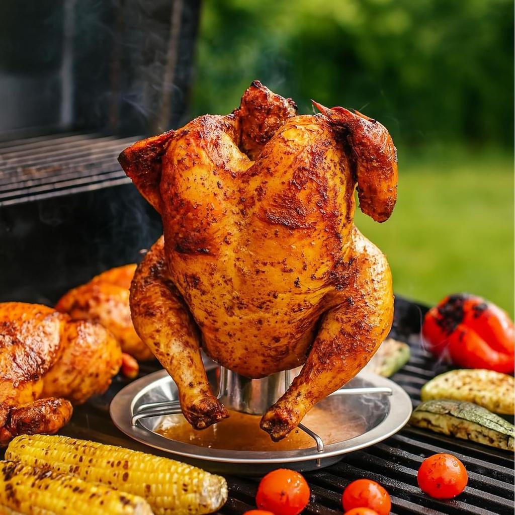 silver Stainless Steel Chicken Roaster with Oil Tray, Turkey Roaster Stand, Vertical Chicken Roaster for Kitchen BBQ, Stainless Steel BBQ Chicken
