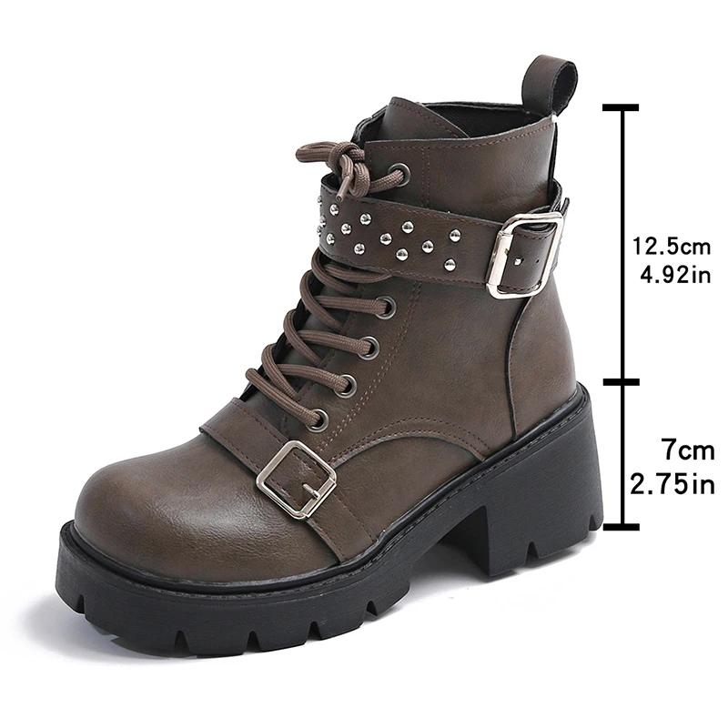 Platform Ankle Boots for Women Autumn Chunky Heel Lace Up Black Short Boots Women Buckle Strap Rivets Motorcycle Booties Size 35