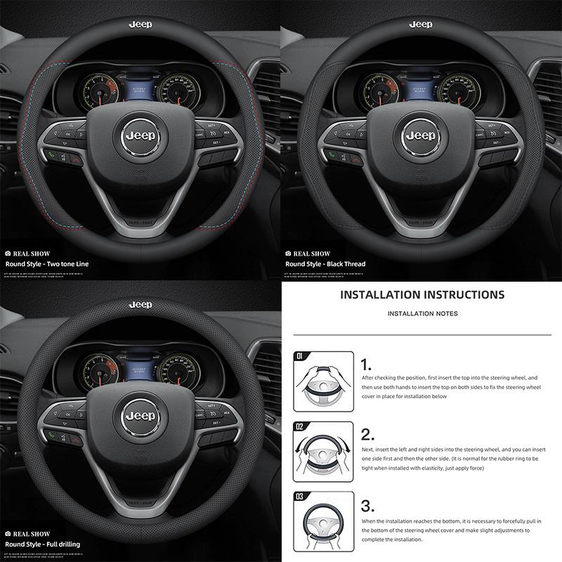38cm Nappa Leather Anti Slip Car Steering Wheel Cover For Jeep Grand Cherokee Wrangler JK Gladiator Compass Renegade Wagoneer