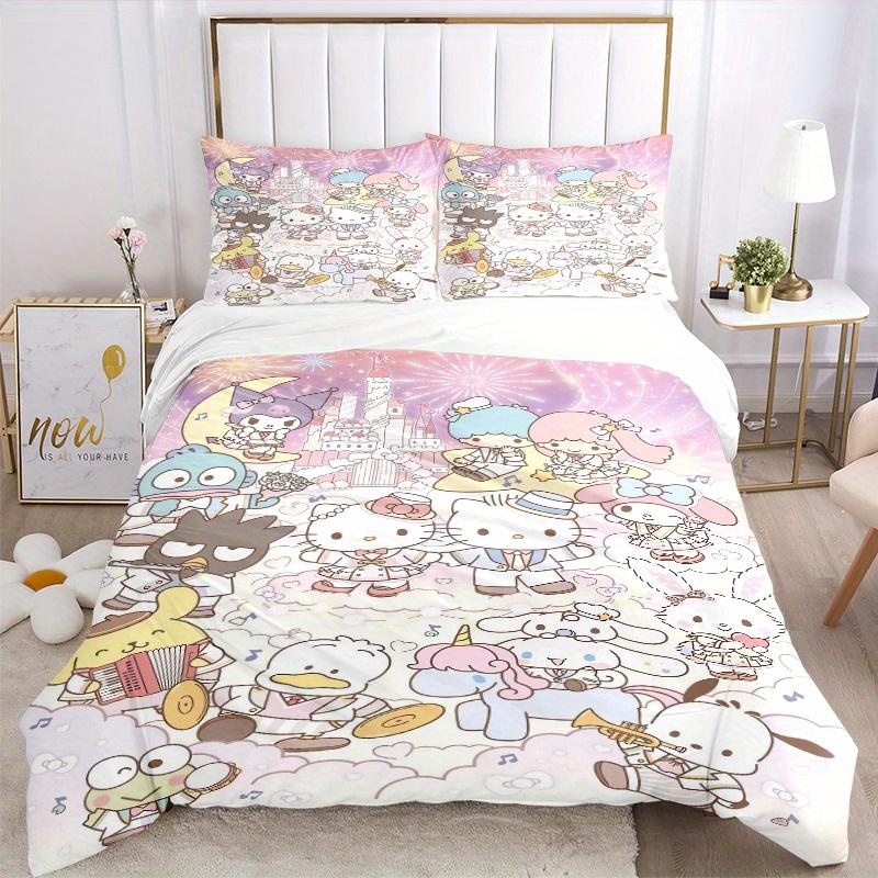 3pcs Fireworks Sanrio Characters Printed Quilt Set - Includes 1 Quilt Cover and 2 Pillowcases, Machine Washable - Suitable for All Seasons.W035