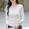 Base Shirt Top for Women Long-sleeved T-shirt for Spring New Round Neck Button Slim Solid Color Fashionable Outerwear Shirt