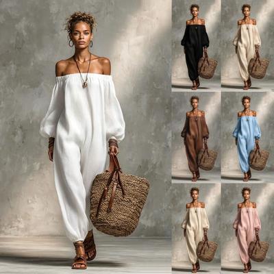 2026 Europe & America Cross-border Foreign Trade Independent Station Spring/Summer Minimalist Casual Loose Off-Shoulder Long Sleeve Jumpsuit for Women