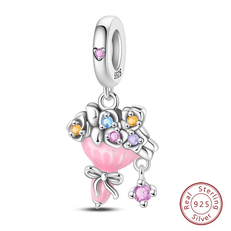 Copper Pink Love Series Charm Love Cube Little Bear Luminous Pendant Fit Original Bracelet Romantic Wedding Jewelry