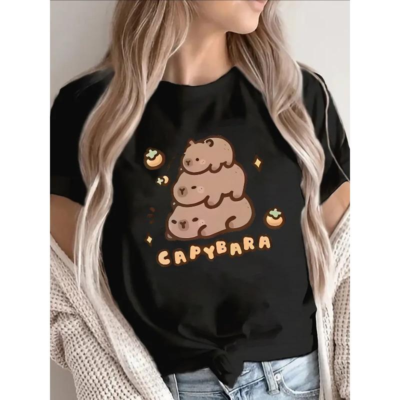 Women s Cute Capybara Graphic T-Shirt - Lightweight Breathable Polyester Top with Animal Design, S чёрный