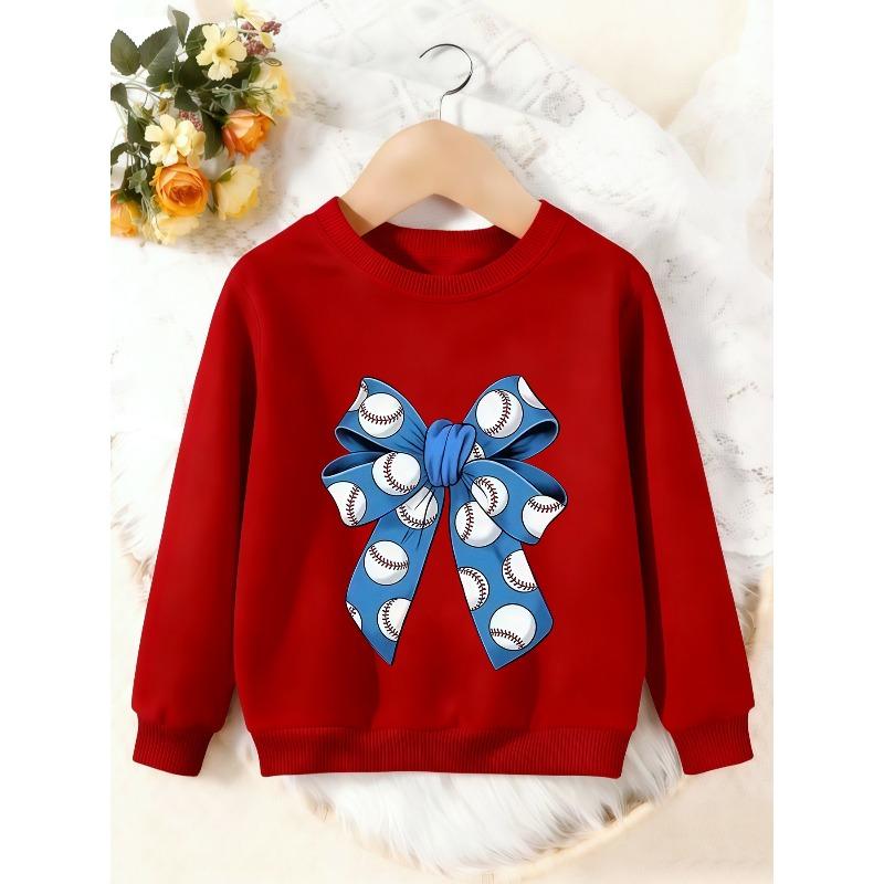 Unisex Kids Crewneck Sweatshirt, Blue Baseball Bow Print Long Sleeve Pullover, Boys Girls Sports Casual Sweatshirt For Kids Over 4 Years Old