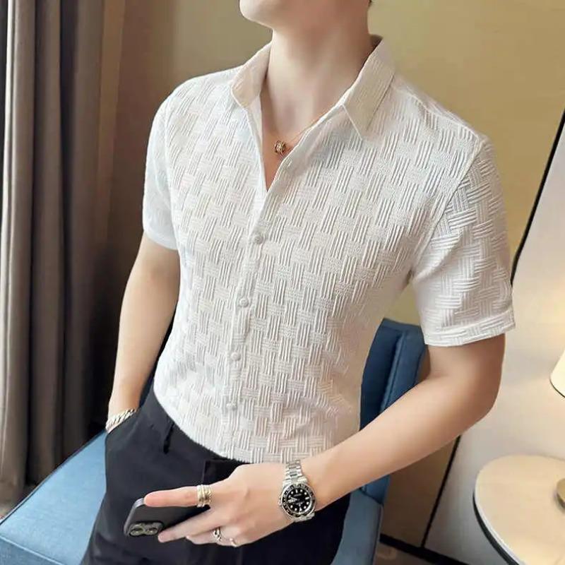 Men s White Woven Grid Embossed Texture Slim Fit Short Sleeve Business Shirt S