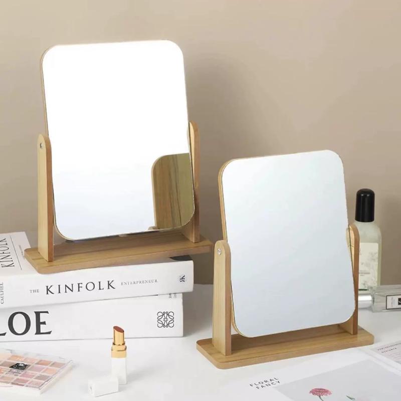 1Pc Wooden Vanity Mirror Clear Personal Use Stand Angle Adjustable Makeup Base Desktop