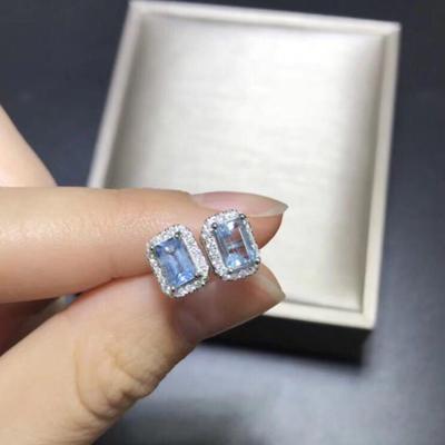 Pendientes de Plata Incrustados con Piedra Semipreciosa Azul Marino para Mujer Nuevos de Moda Brillantes Cuadrados de Botón Joyería de Fiesta Regalo