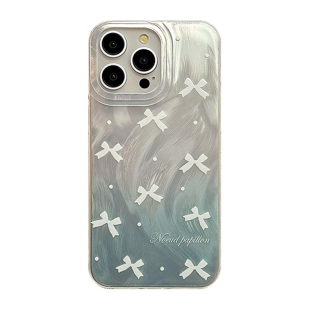 Korean Style Ins Blue and White Bow Suitable for Apple 15 Mobile Phone Case Iphone16pro Max Feather Yarn 12 Niche 14