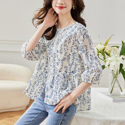 Blau-Weißes Porzellan Kleines Blumenhemd für Damen Dreiviertelarm Sommer Neu Rundhals Lockeres Oberteil Koreanisches Freizeitshirt