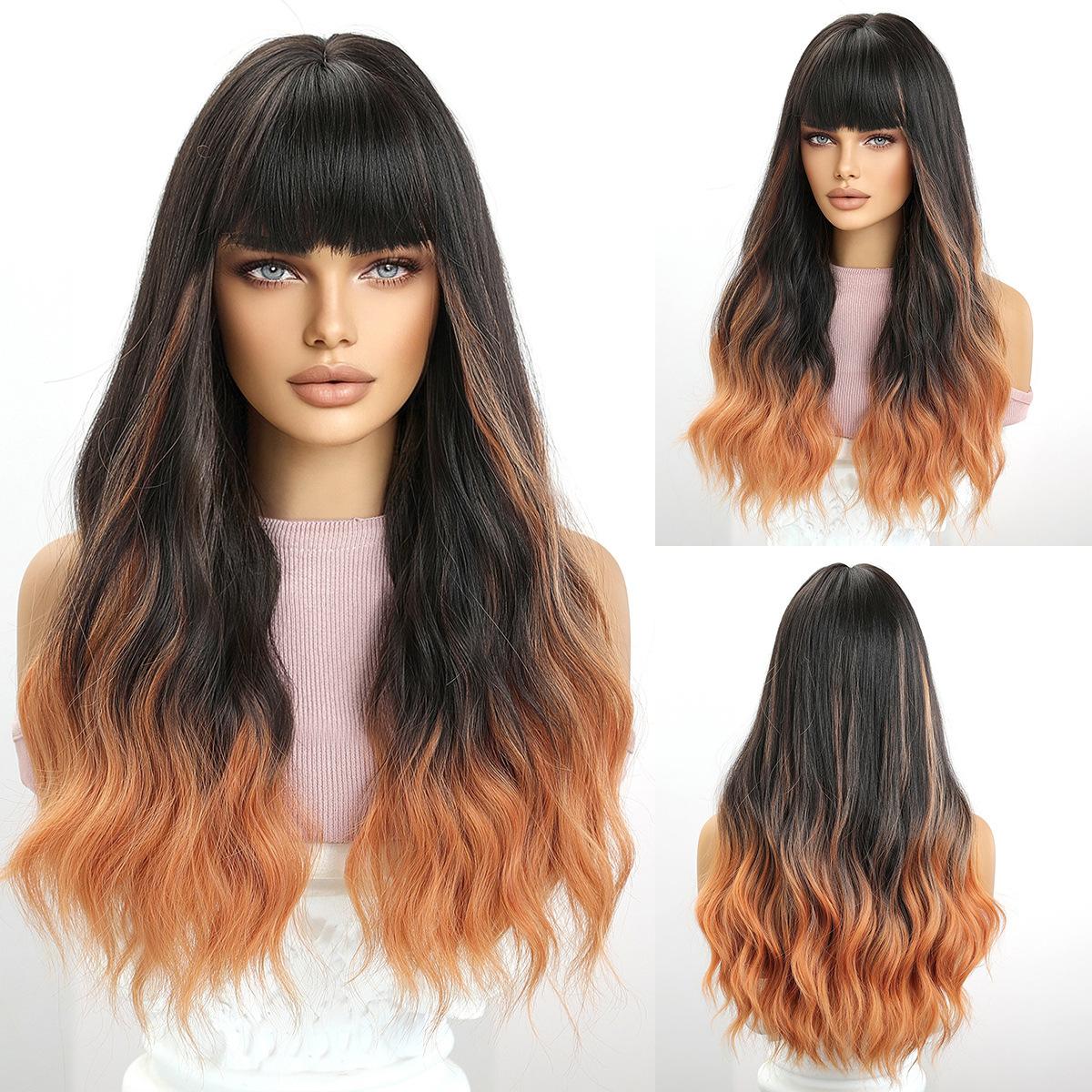 

Парик женский длинный волнистый в европейском и американском стиле с воздушной челкой, женские передние кружевные термостойкие матовые градиентные синие синтетические волокнистые парики оранжевый