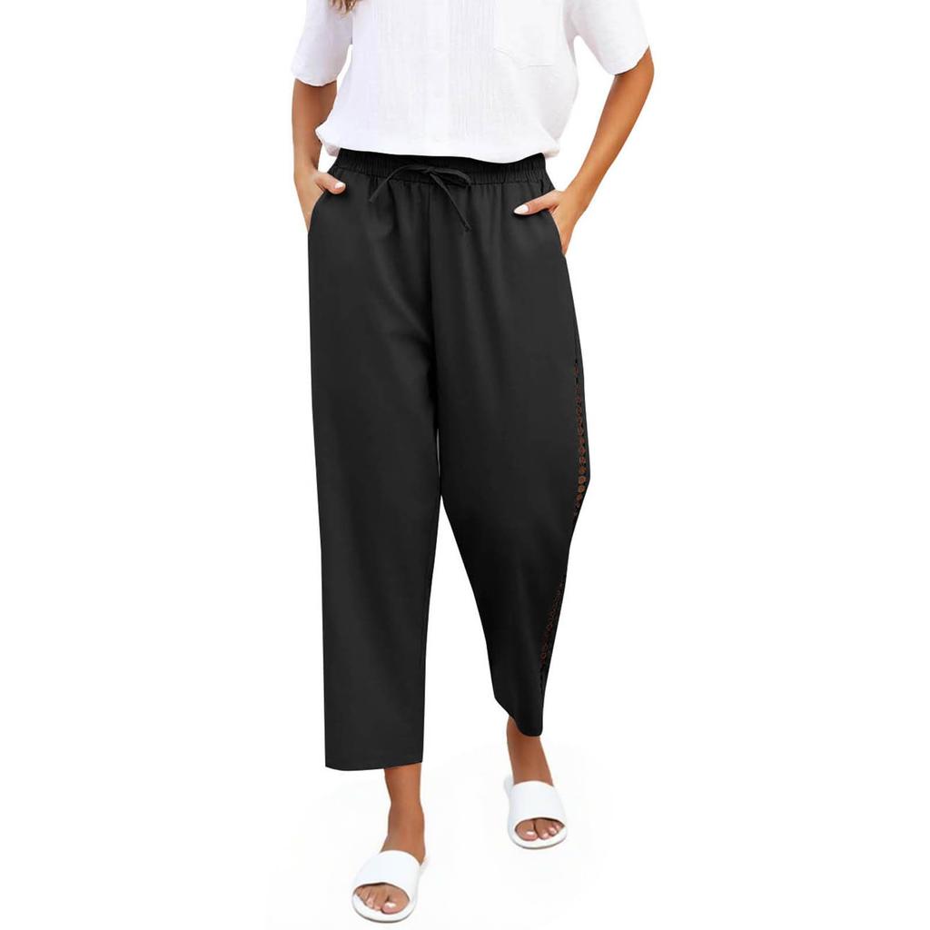 Women Elastic High Waist Pant Casual Fit Wide Leg Long Pants Trousers With Pockets