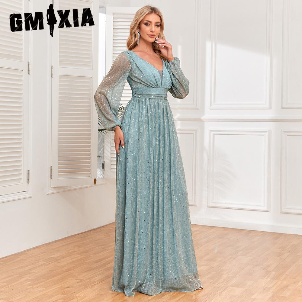 

GMXIA Women s Sparkly Pleated Elastic Perspective Long Sleeve V-neck A Skirt Full Lined Elegant Evening Dress 4XL світло-зелений колір