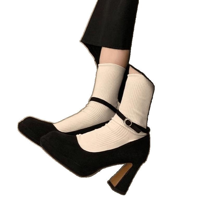 Temperament thick heel high heels women's new spring and autumn French style small man one-word buckle Mary Jane single shoes