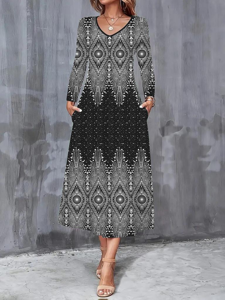 2025 Autumn and Winter New Women Casual Fashion Dress Autumn 3D Retro Print Long Sleeve V-Neck A-Line Dresses