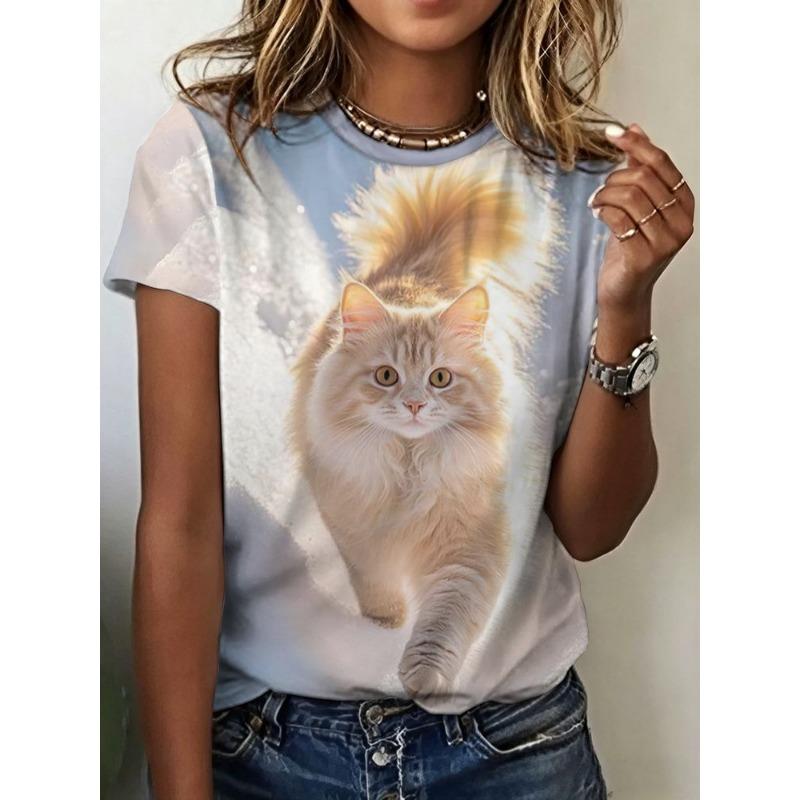 Women's printed short-sleeved T-shirt - Soft round-neck casual top, suitable for daily wear and various themed occasions