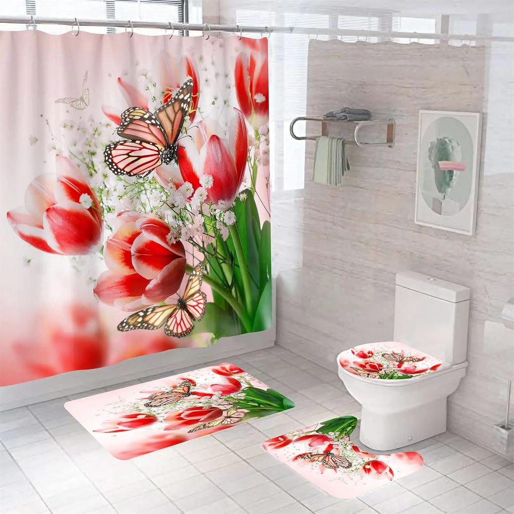 Butterfly Big Flower Blue Watercolor Flower Broken Flower Bathroom Shower Curtain Set Bath Mats Rugs Toilet Lid Cover Rugs Decor