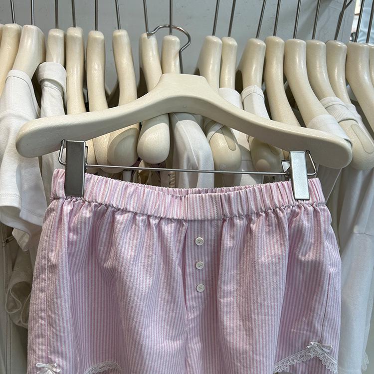 Dongdaemun Women's 2024 French Girlish Pink Lace-Trim Striped Wide-Leg Shorts