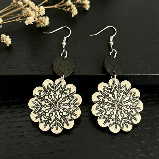 Cross Retro Bohemian Ethnic Print Patchwork Round Wooden Earrings